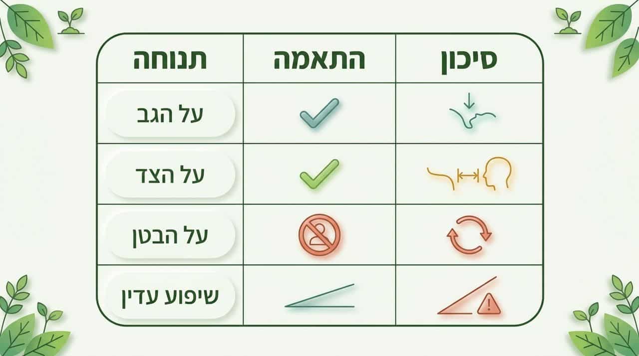 טבלת השוואה: תנוחות שינה ופתרונות תמיכה