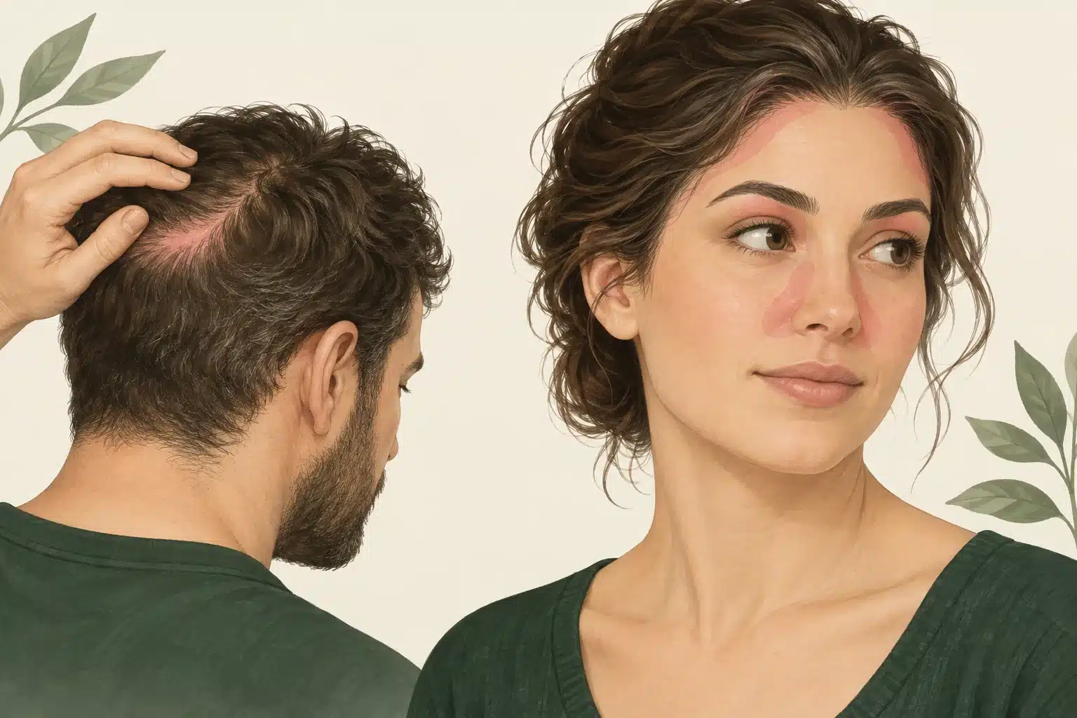 איור להמחשת אזורים שבהם סבוריאה יכולה להופיע: הקרקפת, קו השיער, הגבות וצידי האף